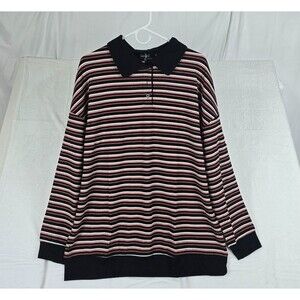 Nenona Striped Long-Sleeve Polo Rugby Shirt Women’s Black Red White Striped XL